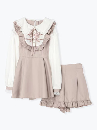 ピンクロリータ ツーピーススーツ レースアップ 長袖ドレス フリル ショートパンツ