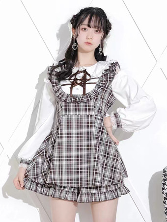 ブラウン ロリータ ツーピーススーツ レースアップ 長袖ドレス フリル ショートパンツ