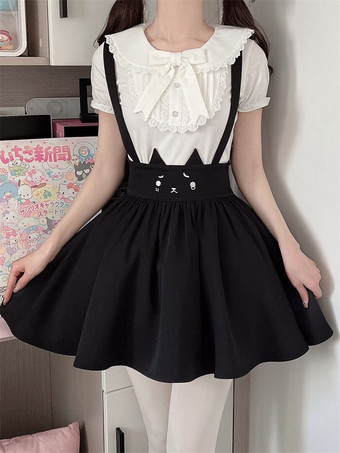 ブラック ロリータツーピーススーツ レースリボン 半袖ブラウスとプリーツジャンパースカート