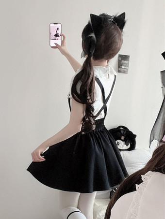 ロリータツーピーススーツ レースリボン 半袖ブラウスとプリーツジャンパースカート