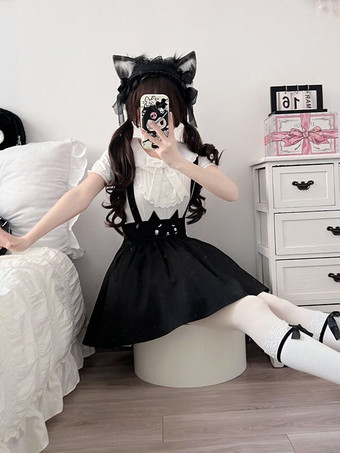 ロリータツーピーススーツ レースリボン 半袖ブラウスとプリーツジャンパースカート