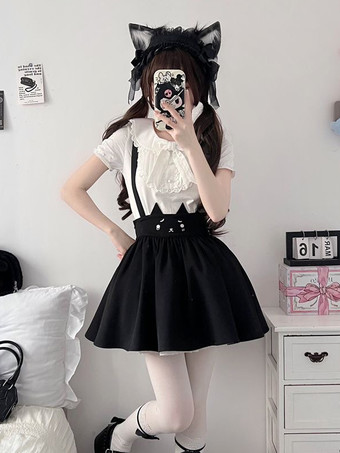 ロリータツーピーススーツ レースリボン 半袖ブラウスとプリーツジャンパースカート