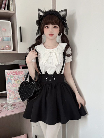 ロリータツーピーススーツ レースリボン 半袖ブラウスとプリーツジャンパースカート