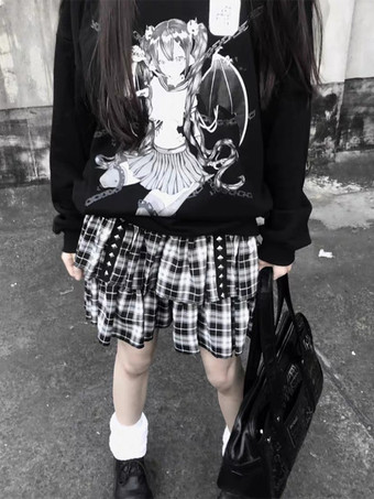 ブラック ロリータスカート チェック柄 レイヤード レーストリム ミニスカート