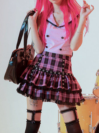 ロリータスカート チェック柄 レイヤード レーストリム ミニスカート