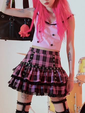 パープル ロリータスカート チェック柄 レイヤード レーストリム ミニスカート