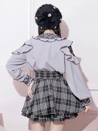 ロリータシャツ レース ラウンドカラー フリル 長袖 リボン 装飾 ブラウス