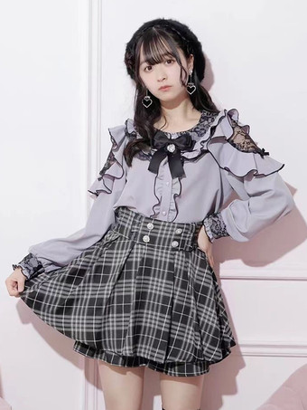 ブルー ロリータシャツ レース ラウンドカラー フリル 長袖 リボン 装飾 ブラウス