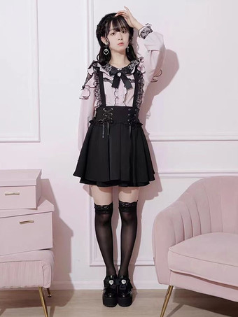 ロリータシャツ レース ラウンドカラー フリル 長袖 リボン 装飾 ブラウス