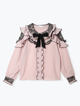 ロリータシャツ レース ラウンドカラー フリル 長袖 リボン 装飾 ブラウス