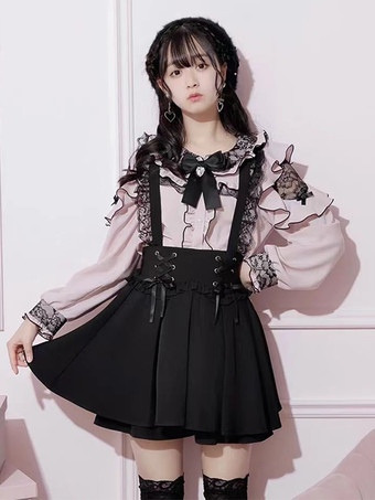 ピンクロリータシャツ レース ラウンドカラー フリル 長袖 リボン 装飾 ブラウス