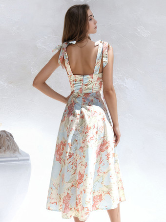 2025年レディース向け、蝶ネクタイストラップ付き花柄ミディドレス