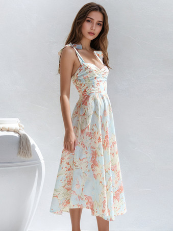 2025年レディース向け、蝶ネクタイストラップ付き花柄ミディドレス