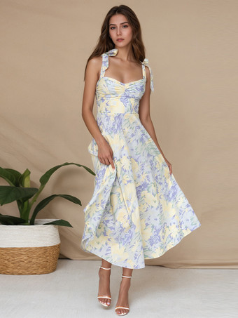 ブルー 2025年レディース向け、蝶ネクタイストラップ付き花柄ミディドレス