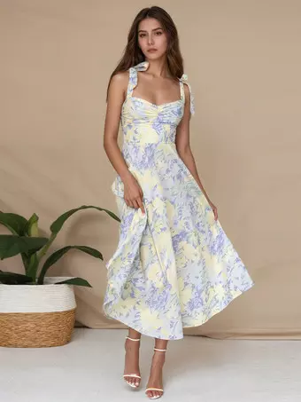 Floral Print Midi Dress With Bow-Tie Straps For Women 2026