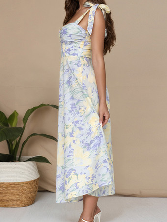 2025年レディース向け、蝶ネクタイストラップ付き花柄ミディドレス