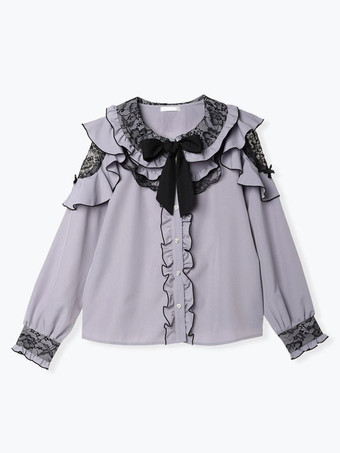 ロリータシャツ レース ラウンドカラー フリル 長袖 リボン 装飾 ブラウス