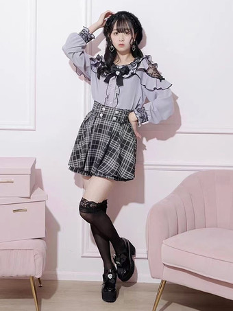 ロリータシャツ レース ラウンドカラー フリル 長袖 リボン 装飾 ブラウス