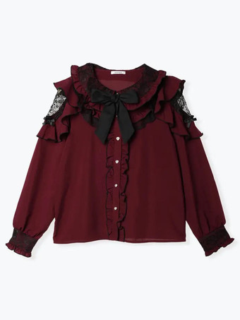 ワインレッド ロリータシャツ レース ラウンドカラー フリル 長袖 リボン 装飾 ブラウス