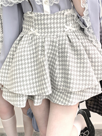 ホワイト ロリータスカート ハイウエスト 千鳥格子 リボン レイヤード ミニスカート