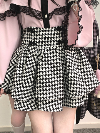 ブラック ロリータスカート ハイウエスト 千鳥格子 リボン レイヤード ミニスカート