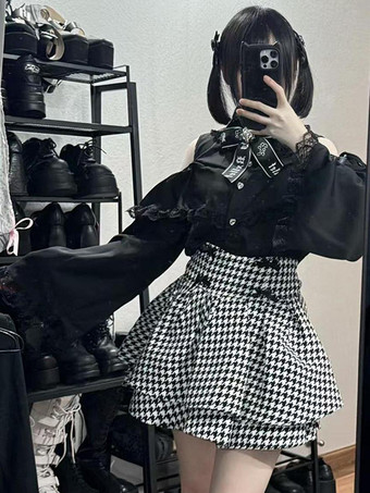 ロリータスカート ハイウエスト 千鳥格子 リボン レイヤード ミニスカート