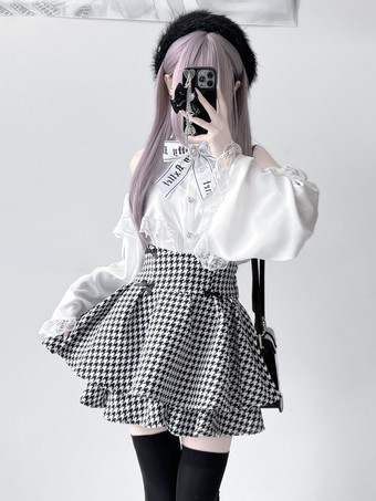 ロリータスカート ハイウエスト 千鳥格子 リボン レイヤード ミニスカート