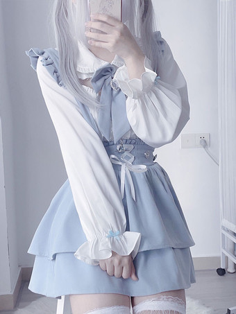 ライトスカイブルーロリータツーピーススーツ 半袖フリルブラウスとレースアップレイヤードジャンパースカート