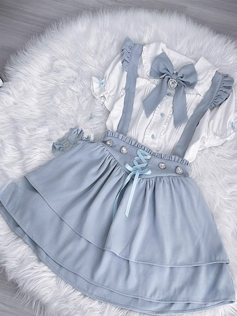 ロリータツーピーススーツ 半袖フリルブラウスとレースアップレイヤードジャンパースカート