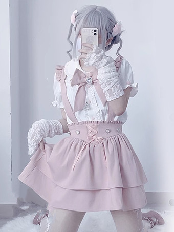 ピンクロリータツーピーススーツ 半袖フリルブラウスとレースアップレイヤードジャンパースカート