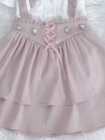 ロリータツーピーススーツ 半袖フリルブラウスとレースアップレイヤードジャンパースカート