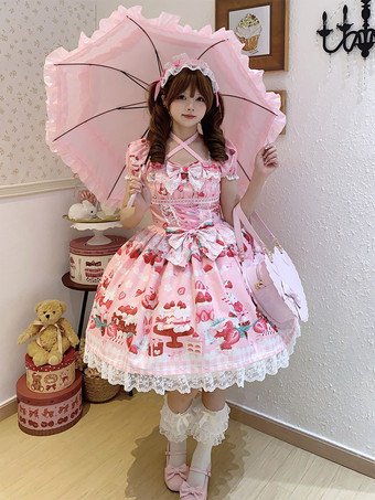 ロリータドレス プリント 半袖 フリル 蝶結び レース スイート パフィードレス