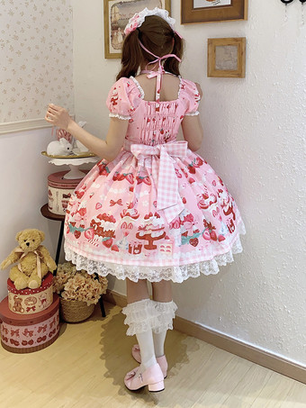 ロリータドレス プリント 半袖 フリル 蝶結び レース スイート パフィードレス