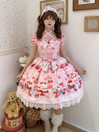 ロリータドレス プリント 半袖 フリル 蝶結び レース スイート パフィードレス
