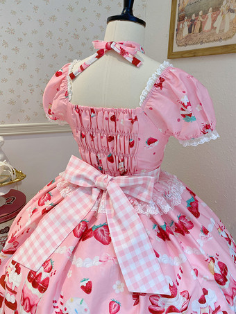 ロリータドレス プリント 半袖 フリル 蝶結び レース スイート パフィードレス