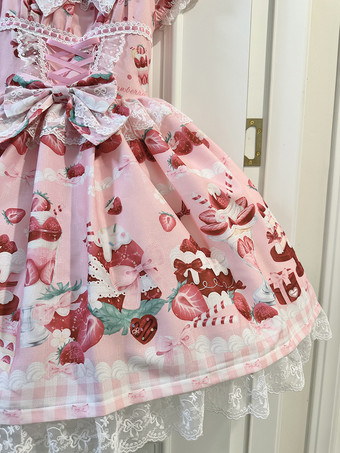 ロリータドレス プリント 半袖 フリル 蝶結び レース スイート パフィードレス