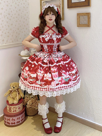 ロリータドレス プリント 半袖 フリル 蝶結び レース スイート パフィードレス