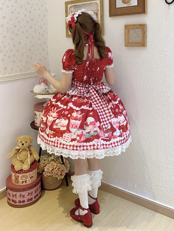 ロリータドレス プリント 半袖 フリル 蝶結び レース スイート パフィードレス