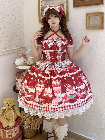 ロリータドレス プリント 半袖 フリル 蝶結び レース スイート パフィードレス