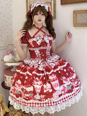ロリータドレス プリント 半袖 フリル 蝶結び レース スイート パフィードレス