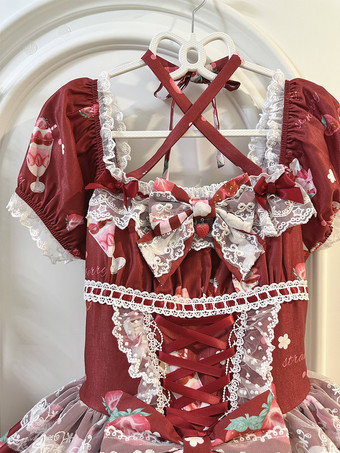 ロリータドレス プリント 半袖 フリル 蝶結び レース スイート パフィードレス