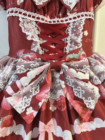 ロリータドレス プリント 半袖 フリル 蝶結び レース スイート パフィードレス