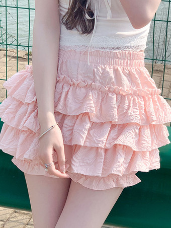 ロリータスカート ティアードピンクショートスカート
