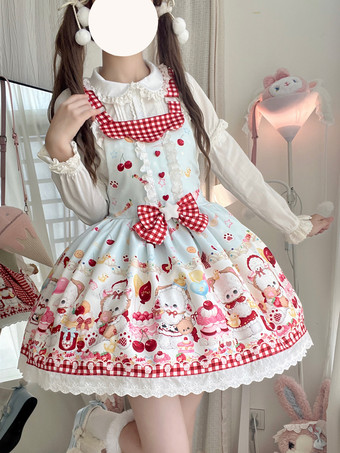 ライトスカイブルーロリータ スイートドレス リボンプリント ジャンパースカート レーストリム パフィードレス