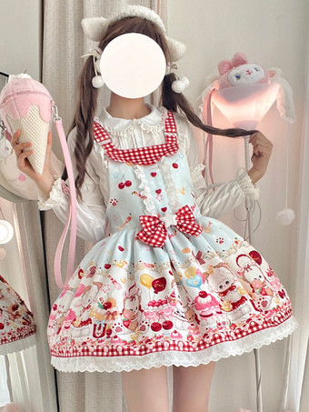 ロリータ スイートドレス リボンプリント ジャンパースカート レーストリム パフィードレス
