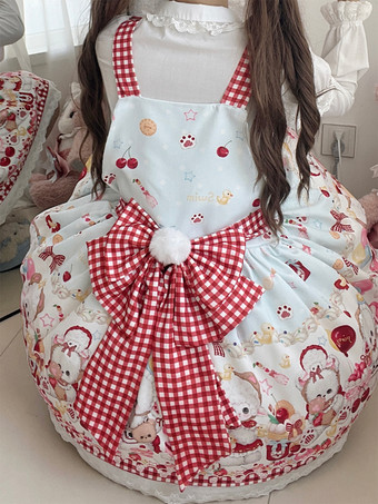 ロリータ スイートドレス リボンプリント ジャンパースカート レーストリム パフィードレス