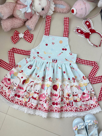 ロリータ スイートドレス リボンプリント ジャンパースカート レーストリム パフィードレス