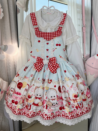 ロリータ スイートドレス リボンプリント ジャンパースカート レーストリム パフィードレス