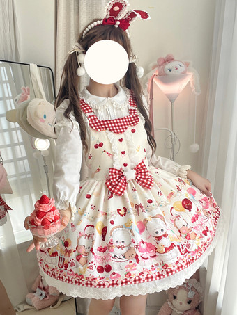 ベージュロリータ スイートドレス リボンプリント ジャンパースカート レーストリム パフィードレス