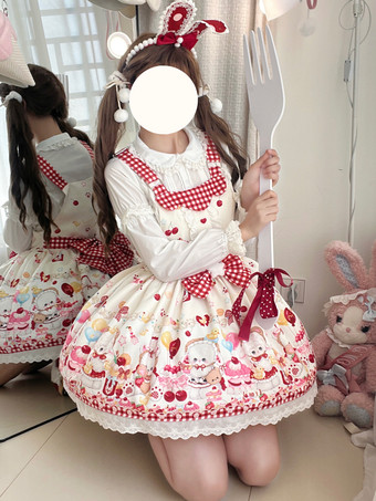 ロリータ スイートドレス リボンプリント ジャンパースカート レーストリム パフィードレス